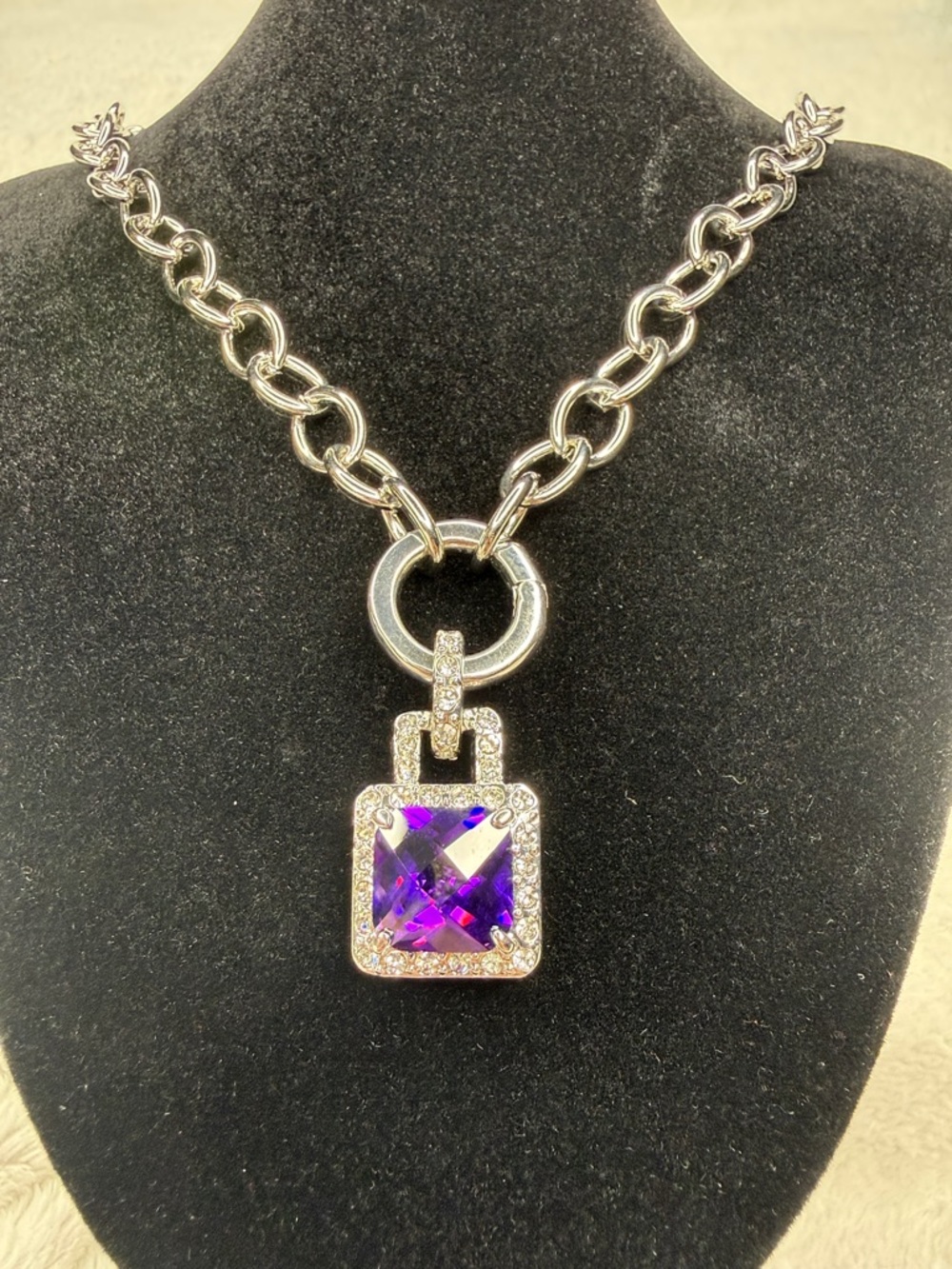 Amethyst square 12ct Swarovski halo pendant necklace